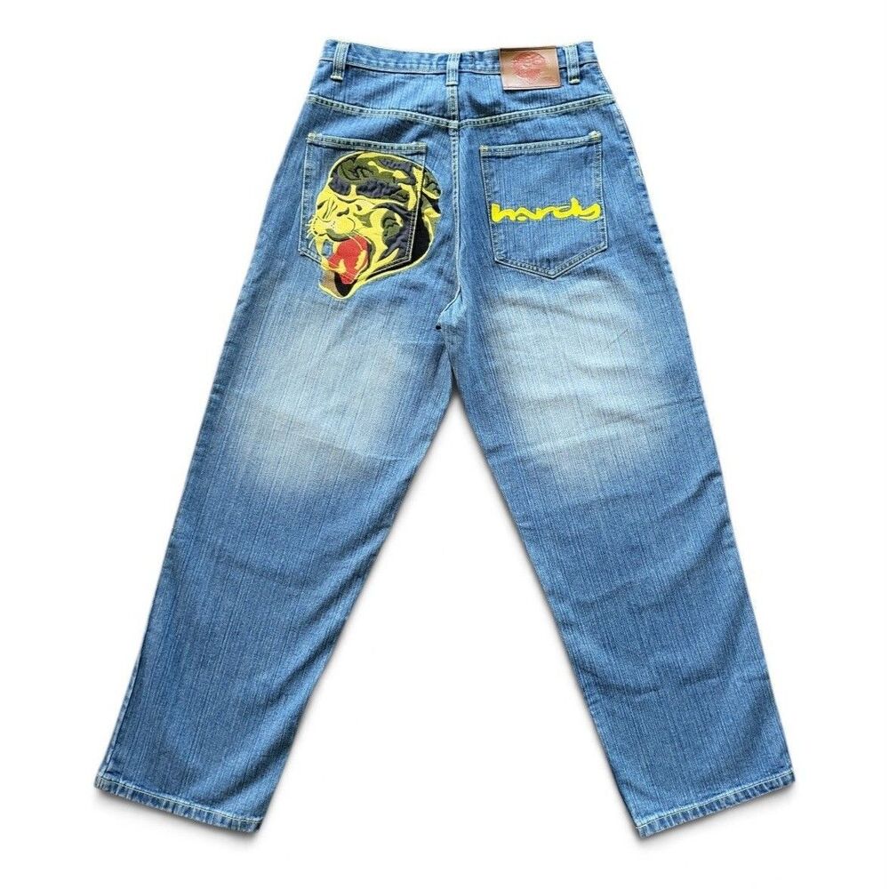 NWT Vintage Ed Hardy Y2K Baggy Embroidered Jeans Camo Tiger Head 34x32 Deadstock
